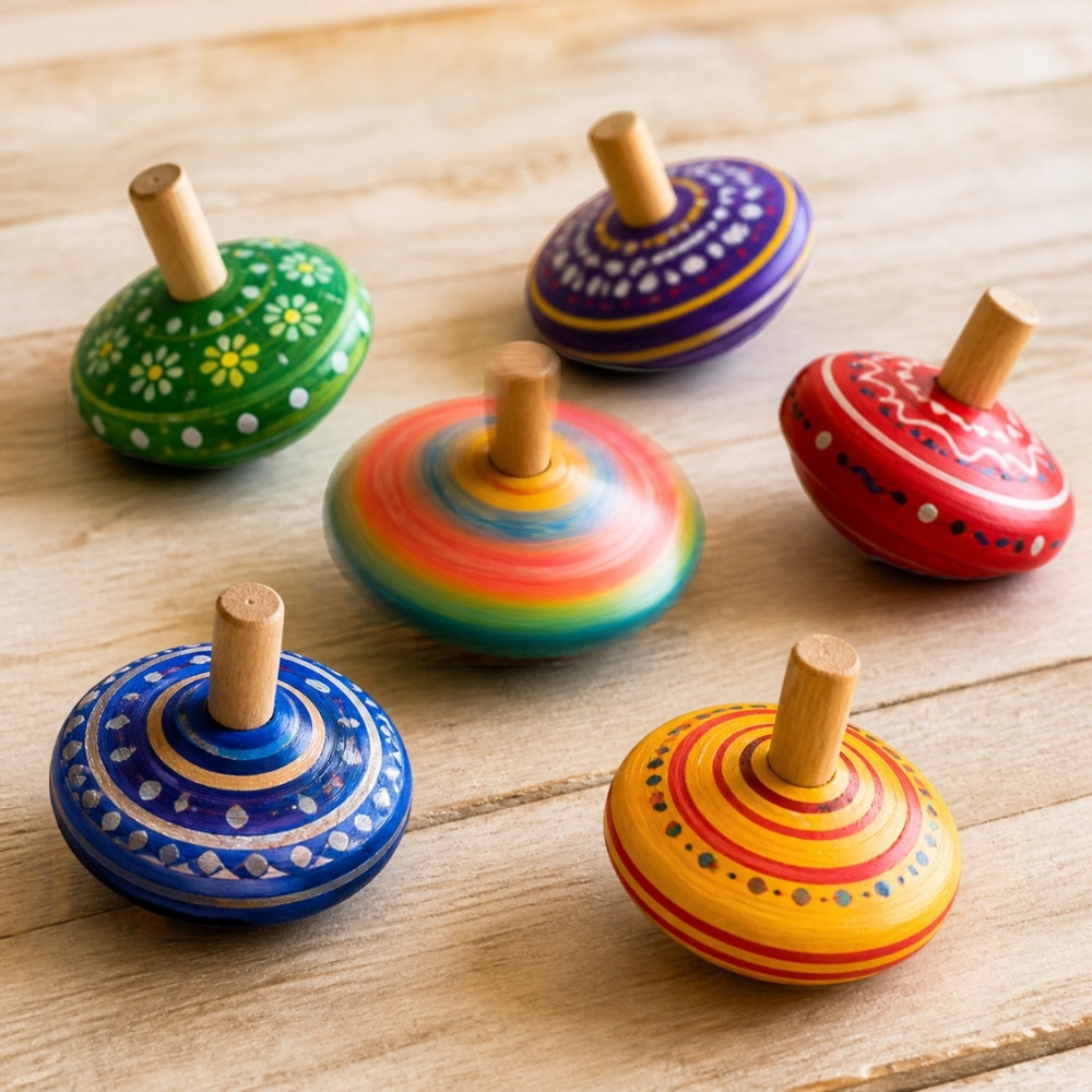 Wooden spinning tops, six
